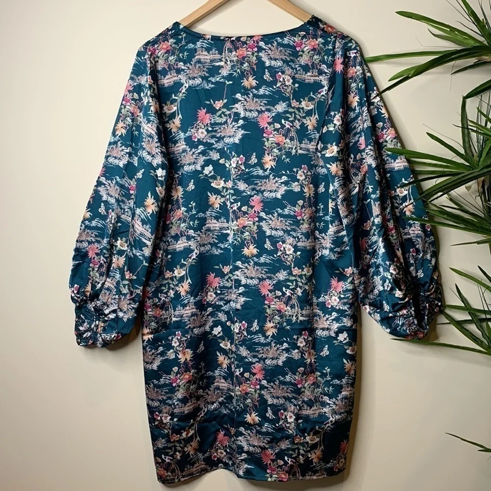 Jaase | Boho Weekend Beach Balloon Sleeve Asian Print V-Neck Tunic Dress NWT S